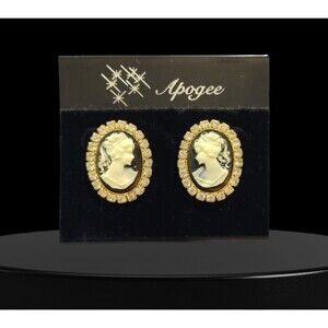 Apogee Cameo Earrings Gold Tone Rhinestone Oval Stud Black White Victorian Retro